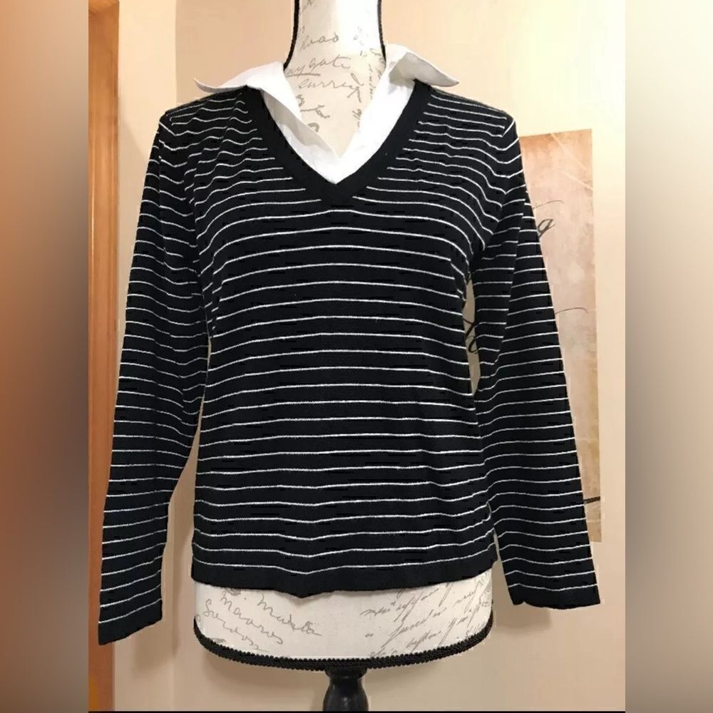 Carolyn Taylor Women's Black White Striped Long Sleeve Top Blouse - Size M